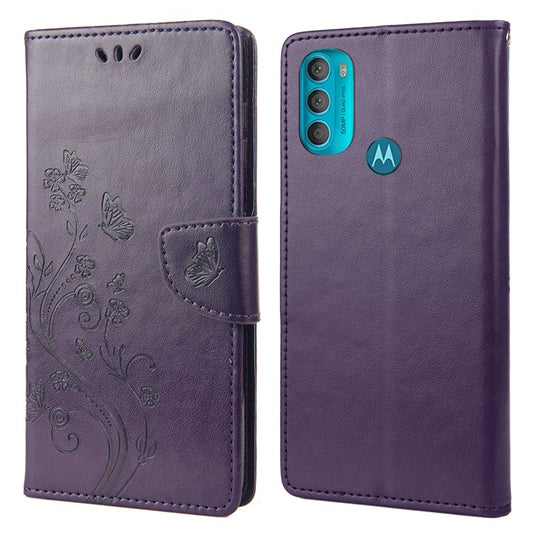 PU Leather Phone Covering Smartphone Case Stylish Imprint Butterflies Practical Wallet for Motorola Moto G71 5G - Purple