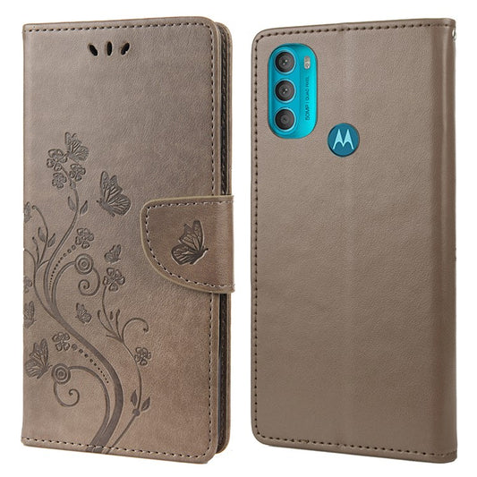 PU Leather Phone Covering Smartphone Case Stylish Imprint Butterflies Practical Wallet for Motorola Moto G71 5G - Grey