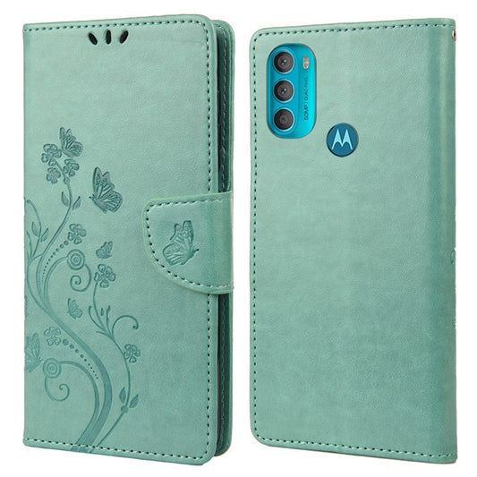 PU Leather Phone Covering Smartphone Case Stylish Imprint Butterflies Practical Wallet for Motorola Moto G71 5G - Green