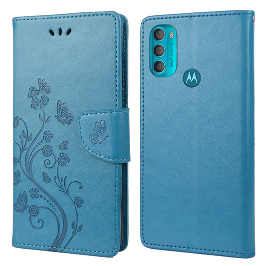 PU Leather Phone Covering Smartphone Case Stylish Imprint Butterflies Practical Wallet for Motorola Moto G71 5G - Blue