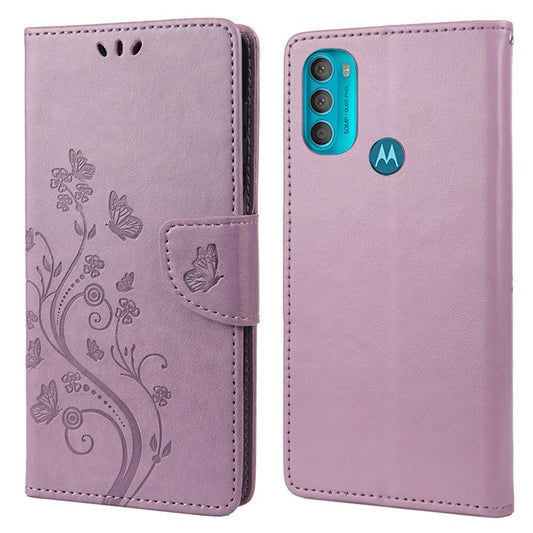 PU Leather Phone Covering Smartphone Case Stylish Imprint Butterflies Practical Wallet for Motorola Moto G71 5G - Light Purple