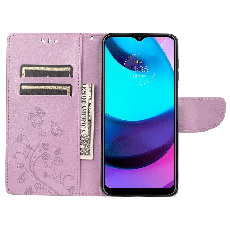 PU Leather Phone Covering Smartphone Case Stylish Imprint Butterflies Practical Wallet for Motorola Moto G71 5G - Light Purple