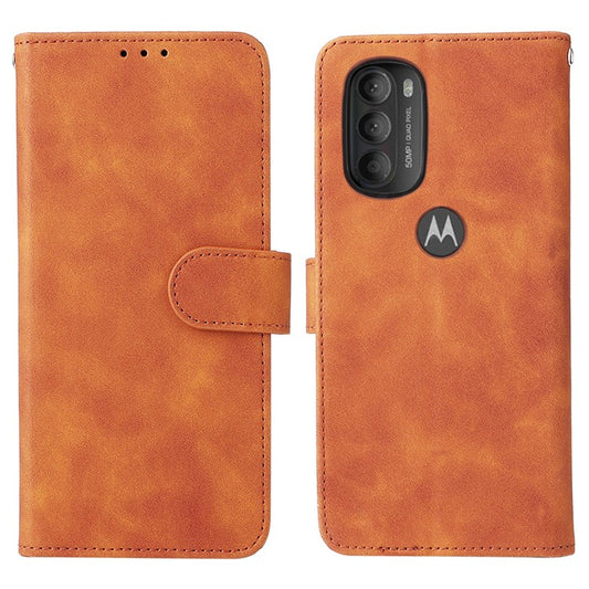 Skin-touch Feeling PU Leather Wallet Case Stand Function Shockproof Soft TPU Phone Cover for Motorola Moto G71 5G - Brown