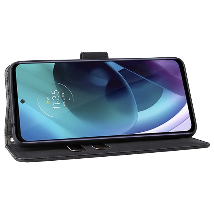 Skin-touch Feeling PU Leather Wallet Case Stand Function Shockproof Soft TPU Phone Cover for Motorola Moto G71 5G - Black
