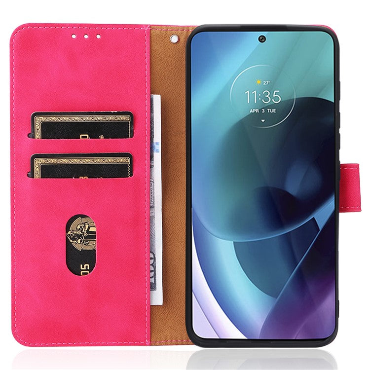 Skin-touch Feeling PU Leather Wallet Case Stand Function Shockproof Soft TPU Phone Cover for Motorola Moto G71 5G - Rose