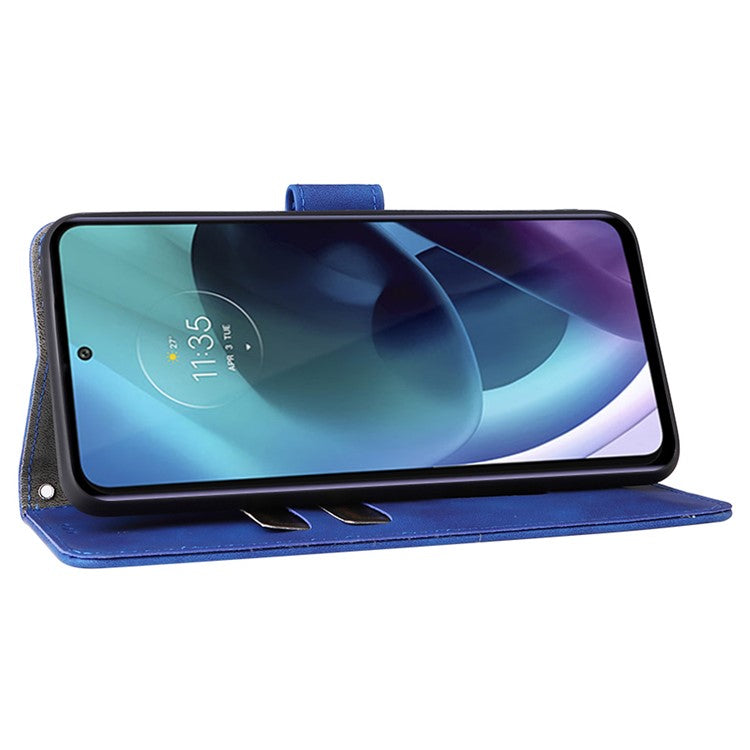 Skin-touch Feeling PU Leather Wallet Case Stand Function Shockproof Soft TPU Phone Cover for Motorola Moto G71 5G - Blue