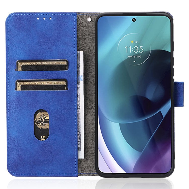 Skin-touch Feeling PU Leather Wallet Case Stand Function Shockproof Soft TPU Phone Cover for Motorola Moto G71 5G - Blue