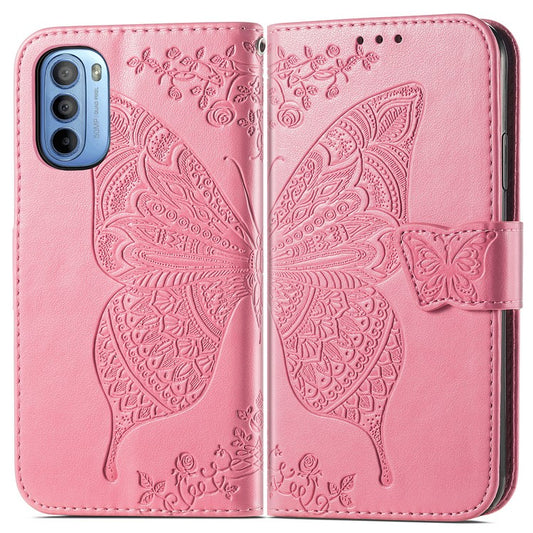 PU Leather Butterfly Flower Imprinted Cover for Motorola Moto G31 / Moto G41, Wallet Stand Flip Shockproof Protective Case with Strap - Pink