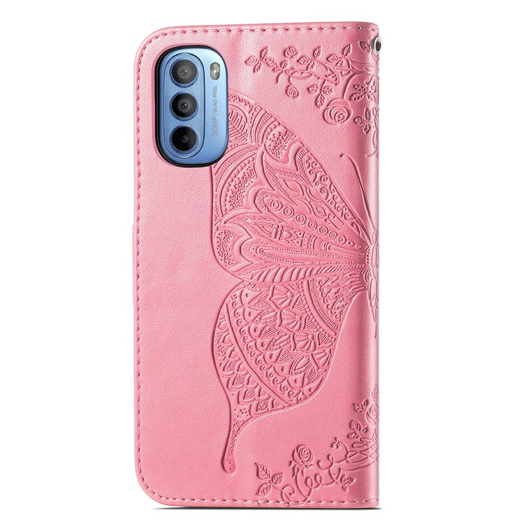 PU Leather Butterfly Flower Imprinted Cover for Motorola Moto G31 / Moto G41, Wallet Stand Flip Shockproof Protective Case with Strap - Pink