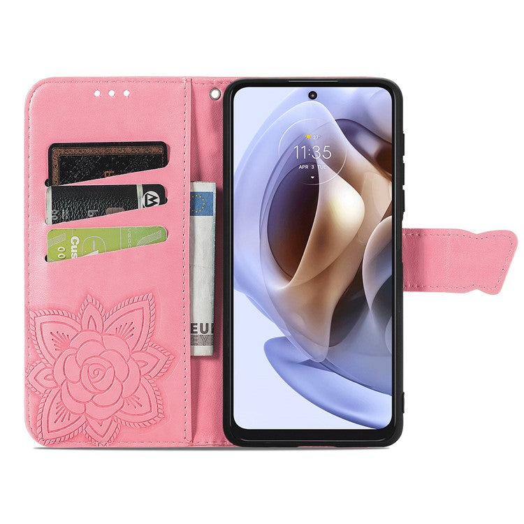 PU Leather Butterfly Flower Imprinted Cover for Motorola Moto G31 / Moto G41, Wallet Stand Flip Shockproof Protective Case with Strap - Pink