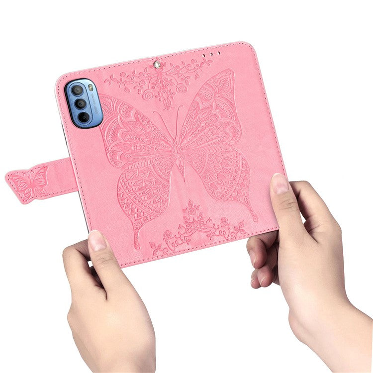 PU Leather Butterfly Flower Imprinted Cover for Motorola Moto G31 / Moto G41, Wallet Stand Flip Shockproof Protective Case with Strap - Pink