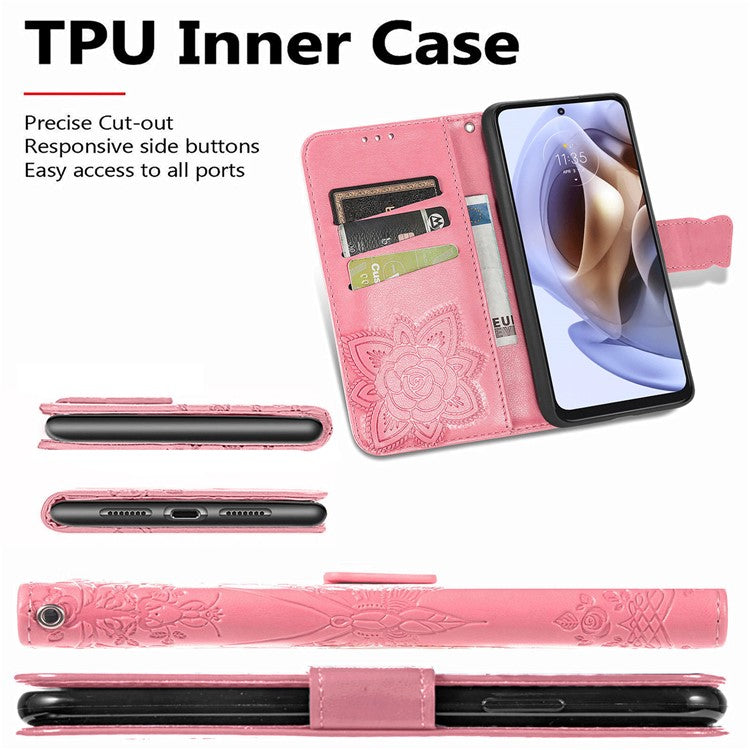 PU Leather Butterfly Flower Imprinted Cover for Motorola Moto G31 / Moto G41, Wallet Stand Flip Shockproof Protective Case with Strap - Pink