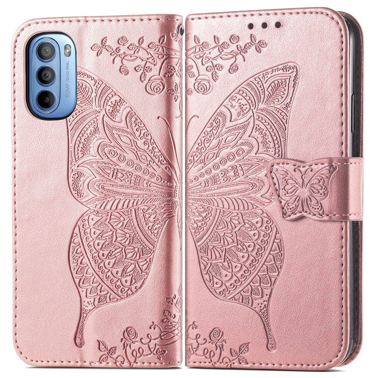 PU Leather Butterfly Flower Imprinted Cover for Motorola Moto G31 / Moto G41, Wallet Stand Flip Shockproof Protective Case with Strap - Rose Gold