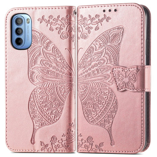PU Leather Butterfly Flower Imprinted Cover for Motorola Moto G31 / Moto G41, Wallet Stand Flip Shockproof Protective Case with Strap - Rose Gold
