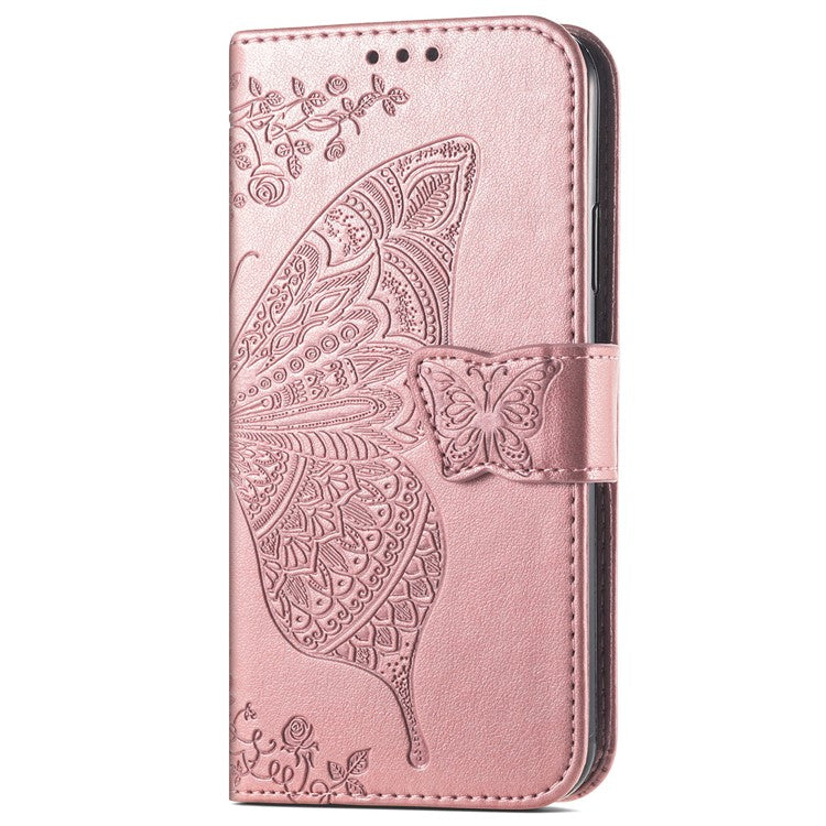 PU Leather Butterfly Flower Imprinted Cover for Motorola Moto G31 / Moto G41, Wallet Stand Flip Shockproof Protective Case with Strap - Rose Gold