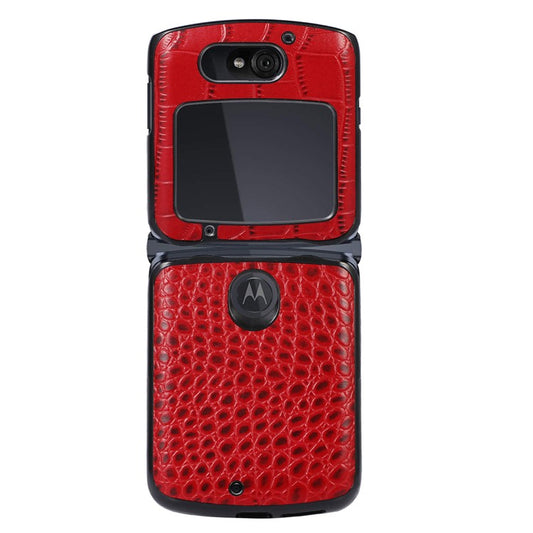 For Motorola Razr 5G Crocodile Texture Genuine Cowhide Leather Coating Phone Case Inner PC + TPU Hybrid Cover - Red