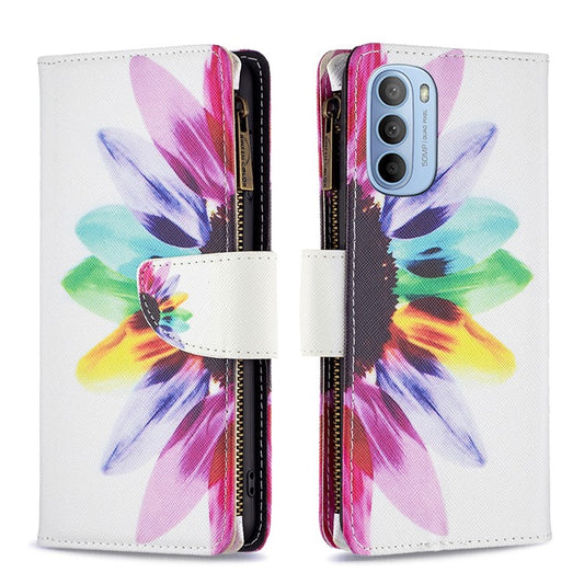 BF03 Wallet Phone Case for Motorola Moto G31 / Moto G41, Pattern Printing Leather Protective Zipper Purse Stand Cover with Strap - Sunflower