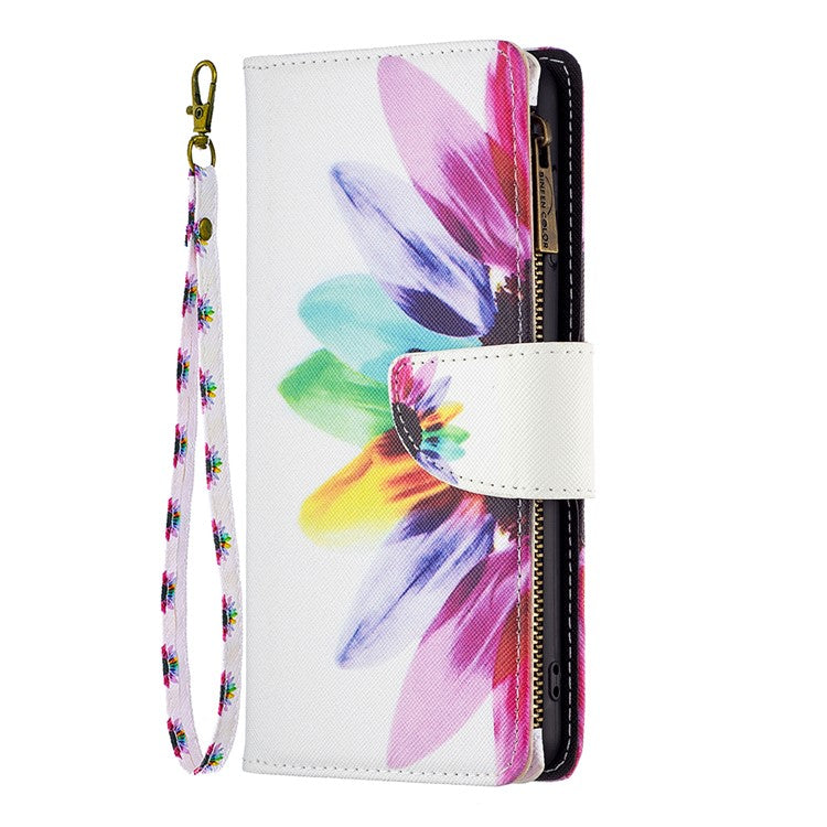 BF03 Wallet Phone Case for Motorola Moto G31 / Moto G41, Pattern Printing Leather Protective Zipper Purse Stand Cover with Strap - Sunflower