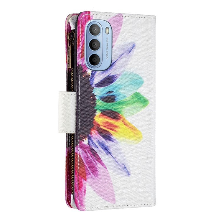 BF03 Wallet Phone Case for Motorola Moto G31 / Moto G41, Pattern Printing Leather Protective Zipper Purse Stand Cover with Strap - Sunflower