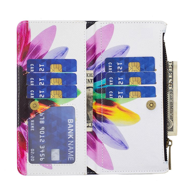 BF03 Wallet Phone Case for Motorola Moto G31 / Moto G41, Pattern Printing Leather Protective Zipper Purse Stand Cover with Strap - Sunflower