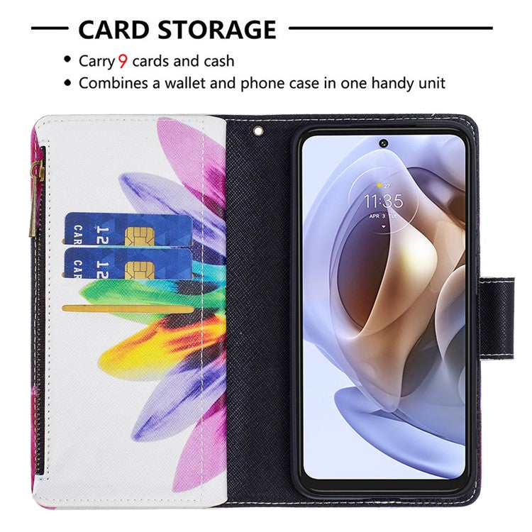 BF03 Wallet Phone Case for Motorola Moto G31 / Moto G41, Pattern Printing Leather Protective Zipper Purse Stand Cover with Strap - Sunflower