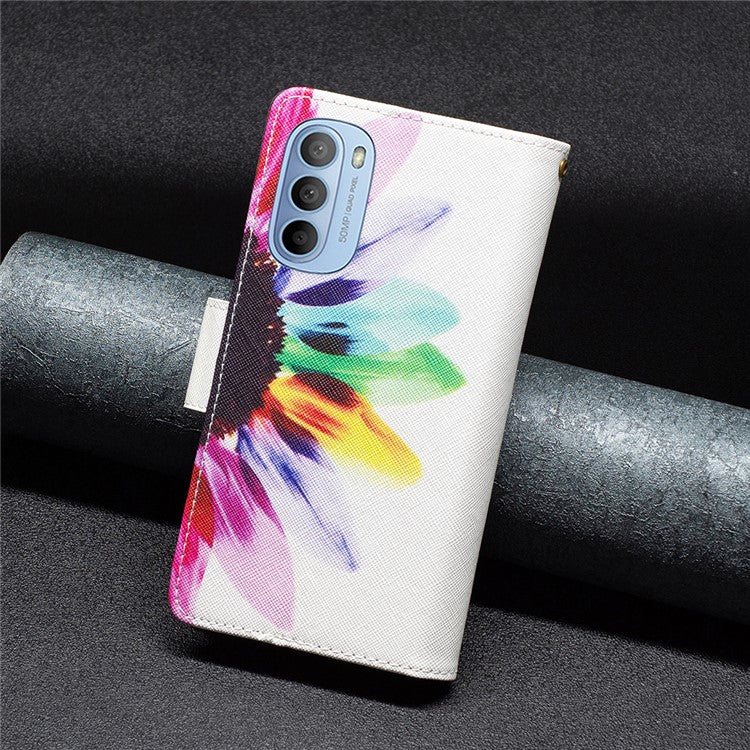 BF03 Wallet Phone Case for Motorola Moto G31 / Moto G41, Pattern Printing Leather Protective Zipper Purse Stand Cover with Strap - Sunflower