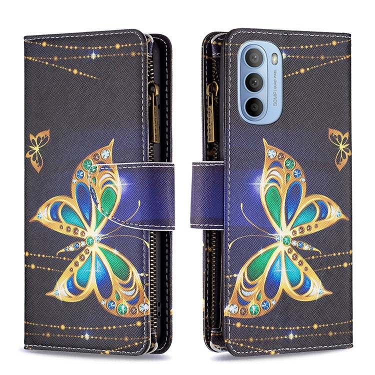 BF03 Wallet Phone Case for Motorola Moto G31 / Moto G41, Pattern Printing Leather Protective Zipper Purse Stand Cover with Strap - Jewelry Butterfly