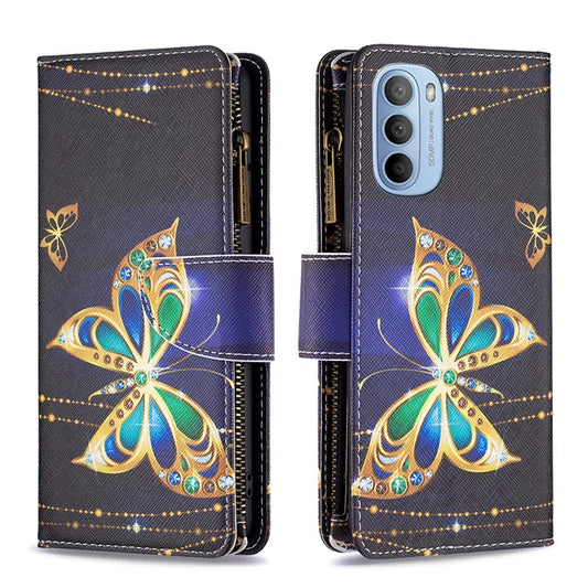 BF03 Wallet Phone Case for Motorola Moto G31 / Moto G41, Pattern Printing Leather Protective Zipper Purse Stand Cover with Strap - Jewelry Butterfly