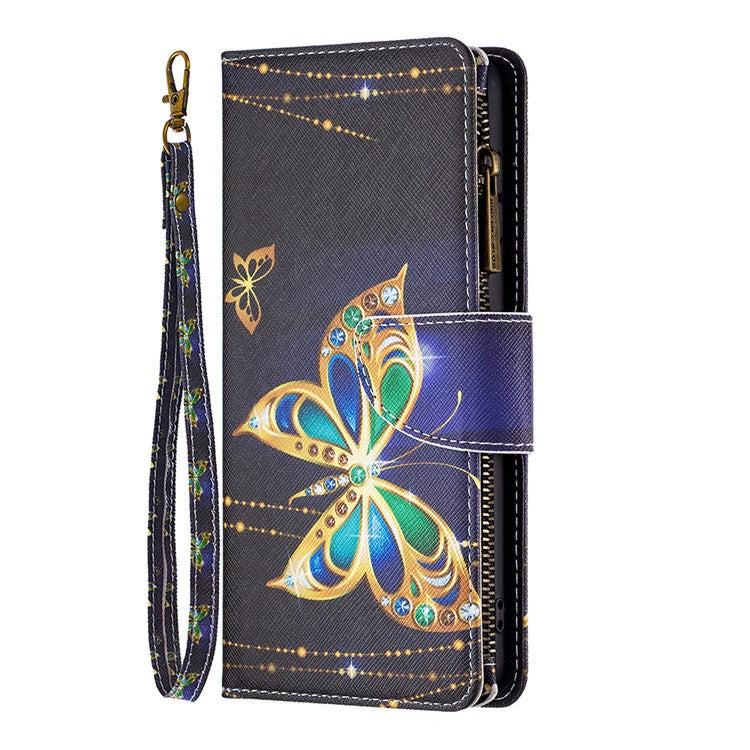 BF03 Wallet Phone Case for Motorola Moto G31 / Moto G41, Pattern Printing Leather Protective Zipper Purse Stand Cover with Strap - Jewelry Butterfly