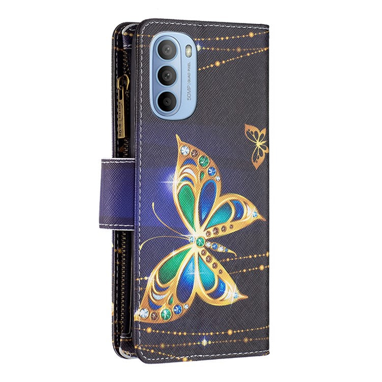 BF03 Wallet Phone Case for Motorola Moto G31 / Moto G41, Pattern Printing Leather Protective Zipper Purse Stand Cover with Strap - Jewelry Butterfly