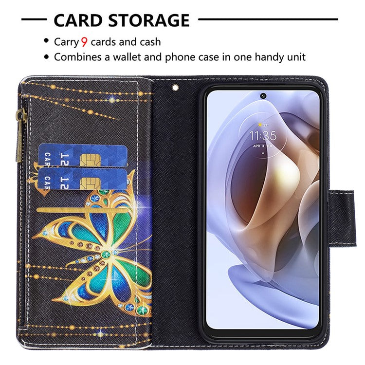 BF03 Wallet Phone Case for Motorola Moto G31 / Moto G41, Pattern Printing Leather Protective Zipper Purse Stand Cover with Strap - Jewelry Butterfly