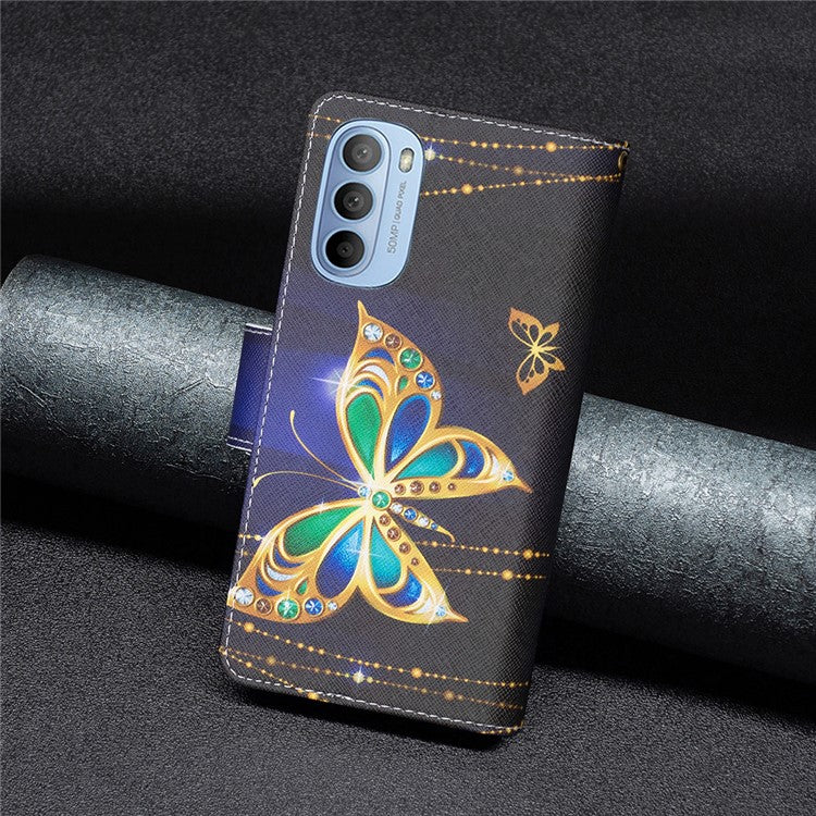 BF03 Wallet Phone Case for Motorola Moto G31 / Moto G41, Pattern Printing Leather Protective Zipper Purse Stand Cover with Strap - Jewelry Butterfly