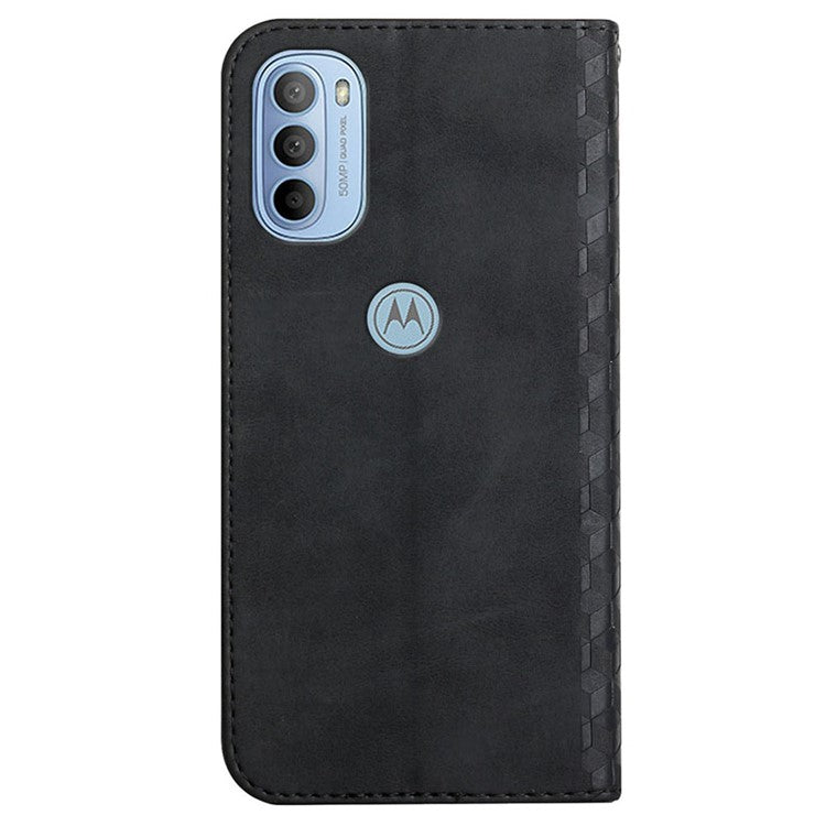 Rhombus Pattern Imprinted PU Leather Protective Case for Motorola Moto G31/G41 Magnetic Absorption Stand Wallet Flip Cover - Black