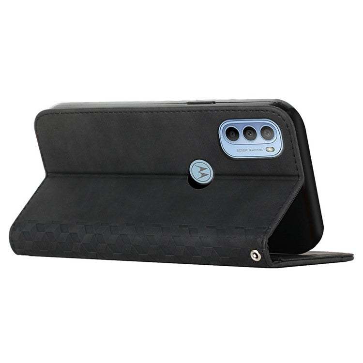 Rhombus Pattern Imprinted PU Leather Protective Case for Motorola Moto G31/G41 Magnetic Absorption Stand Wallet Flip Cover - Black
