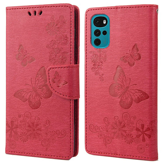 Butterfly Flower Imprinted Phone Case for Motorola Moto G22 Protective Folio Flip Cover Leather Phone Protector with Stand Wallet - Red