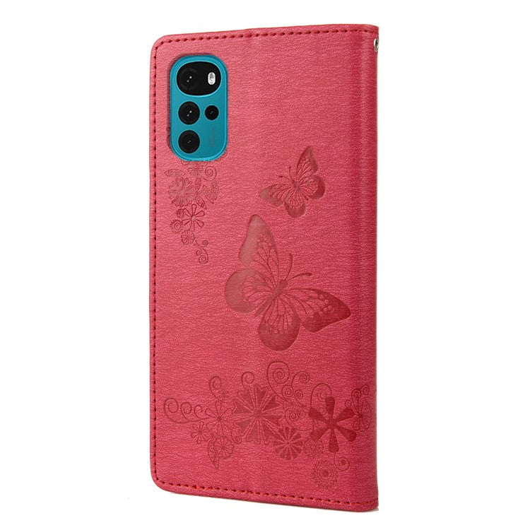 Butterfly Flower Imprinted Phone Case for Motorola Moto G22 Protective Folio Flip Cover Leather Phone Protector with Stand Wallet - Red