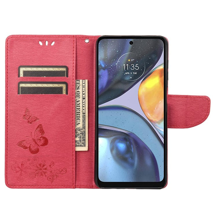 Butterfly Flower Imprinted Phone Case for Motorola Moto G22 Protective Folio Flip Cover Leather Phone Protector with Stand Wallet - Red