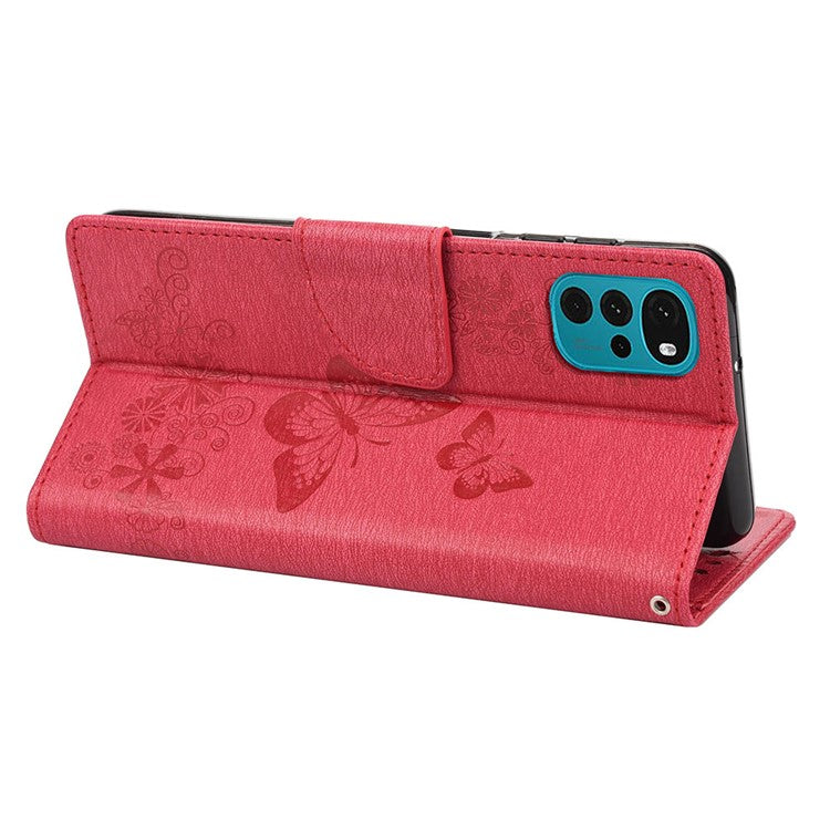 Butterfly Flower Imprinted Phone Case for Motorola Moto G22 Protective Folio Flip Cover Leather Phone Protector with Stand Wallet - Red
