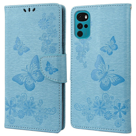 Butterfly Flower Imprinted Phone Case for Motorola Moto G22 Protective Folio Flip Cover Leather Phone Protector with Stand Wallet - Blue