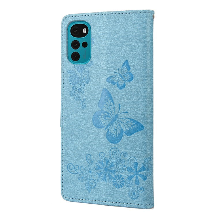Butterfly Flower Imprinted Phone Case for Motorola Moto G22 Protective Folio Flip Cover Leather Phone Protector with Stand Wallet - Blue