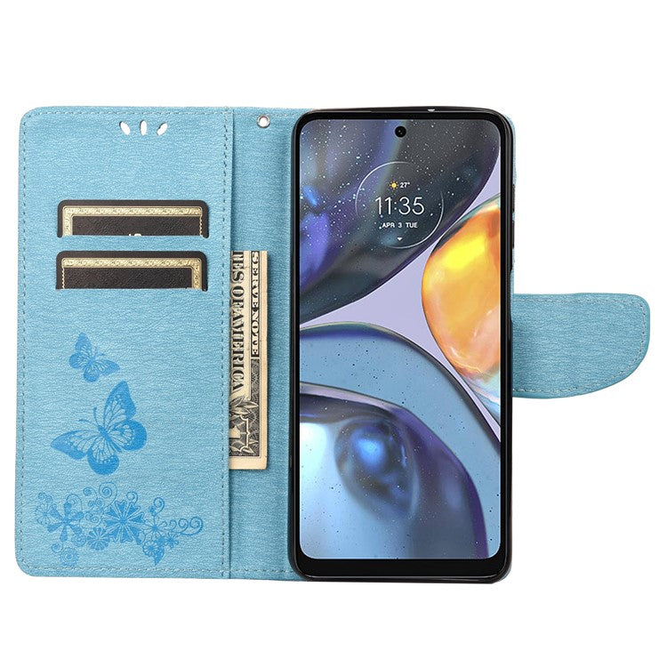 Butterfly Flower Imprinted Phone Case for Motorola Moto G22 Protective Folio Flip Cover Leather Phone Protector with Stand Wallet - Blue