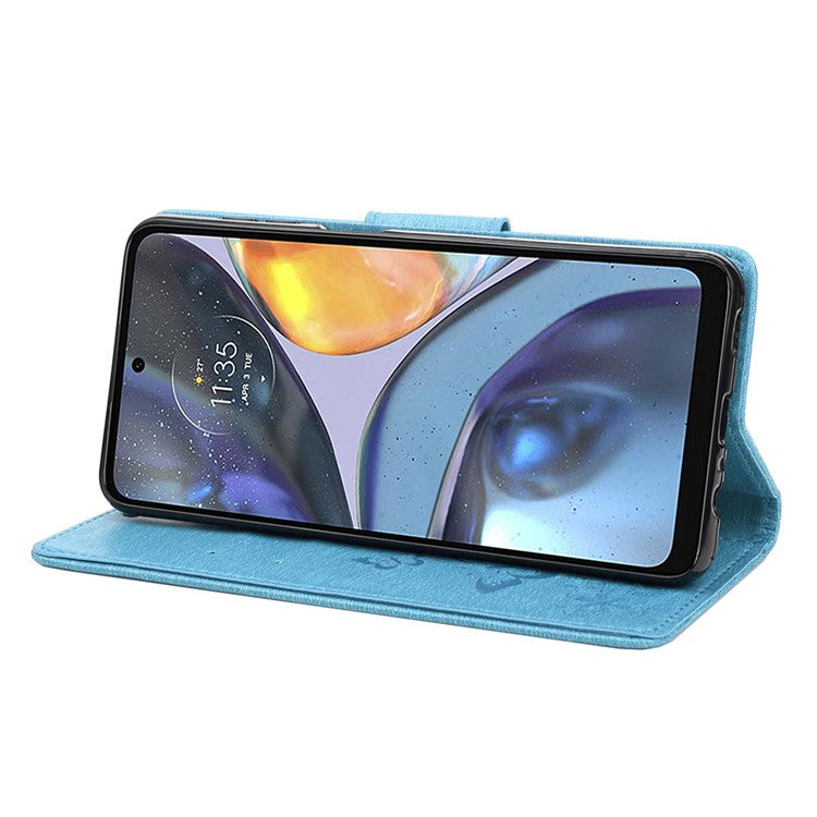 Butterfly Flower Imprinted Phone Case for Motorola Moto G22 Protective Folio Flip Cover Leather Phone Protector with Stand Wallet - Blue