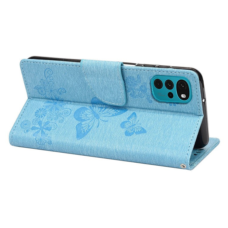 Butterfly Flower Imprinted Phone Case for Motorola Moto G22 Protective Folio Flip Cover Leather Phone Protector with Stand Wallet - Blue