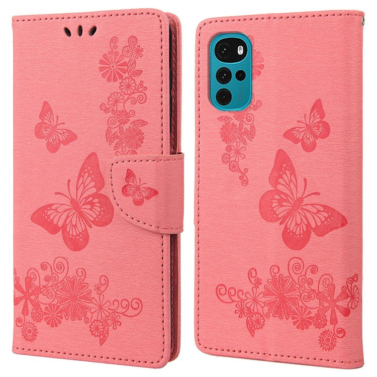 Butterfly Flower Imprinted Phone Case for Motorola Moto G22 Protective Folio Flip Cover Leather Phone Protector with Stand Wallet - Pink