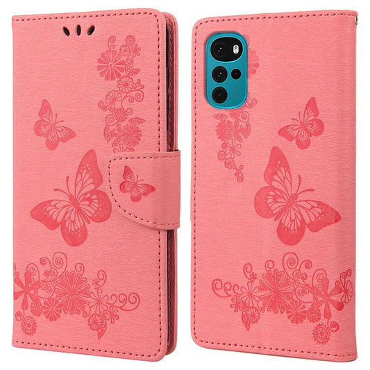 Butterfly Flower Imprinted Phone Case for Motorola Moto G22 Protective Folio Flip Cover Leather Phone Protector with Stand Wallet - Pink