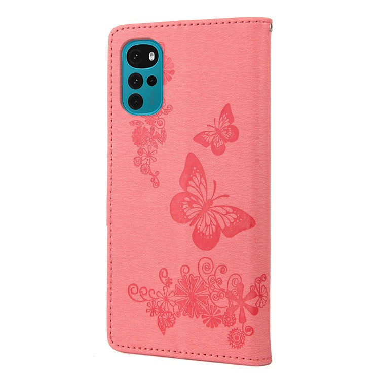 Butterfly Flower Imprinted Phone Case for Motorola Moto G22 Protective Folio Flip Cover Leather Phone Protector with Stand Wallet - Pink