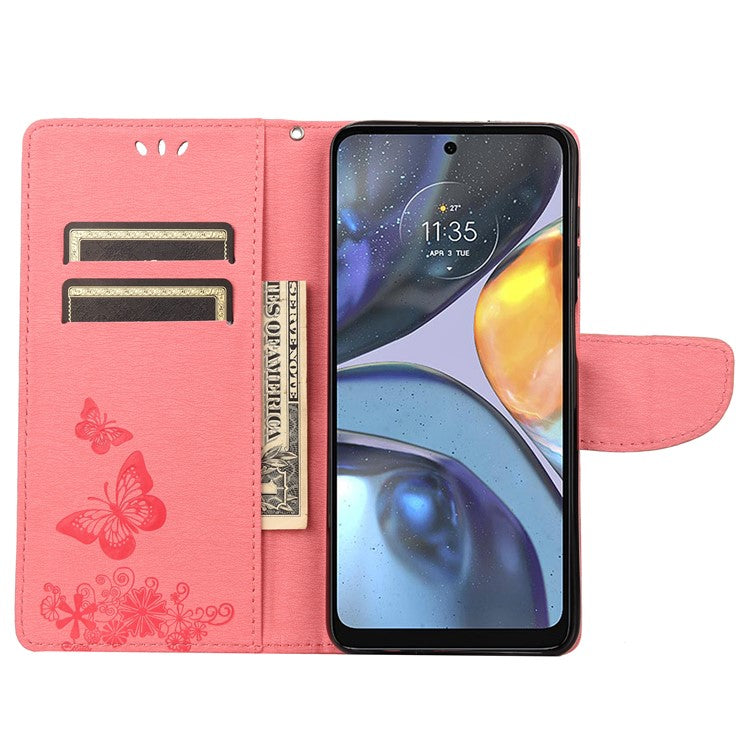 Butterfly Flower Imprinted Phone Case for Motorola Moto G22 Protective Folio Flip Cover Leather Phone Protector with Stand Wallet - Pink