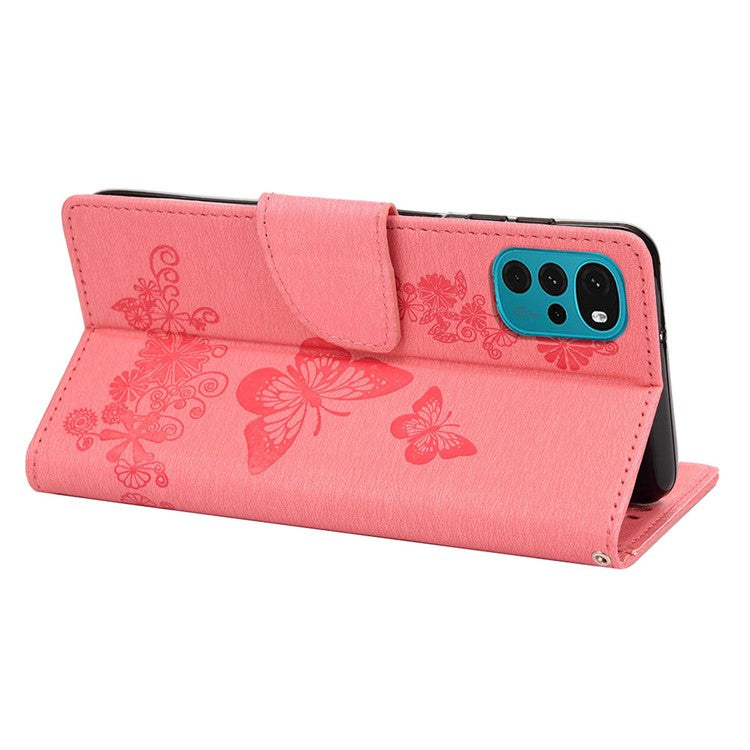 Butterfly Flower Imprinted Phone Case for Motorola Moto G22 Protective Folio Flip Cover Leather Phone Protector with Stand Wallet - Pink
