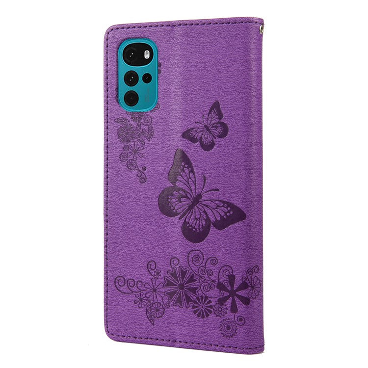 Butterfly Flower Imprinted Phone Case for Motorola Moto G22 Protective Folio Flip Cover Leather Phone Protector with Stand Wallet - Purple