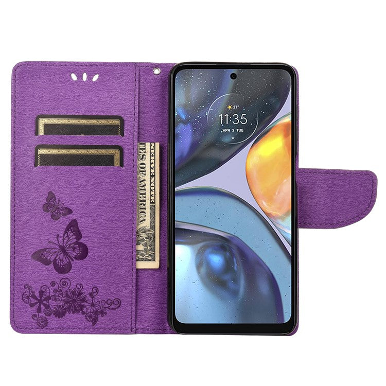 Butterfly Flower Imprinted Phone Case for Motorola Moto G22 Protective Folio Flip Cover Leather Phone Protector with Stand Wallet - Purple